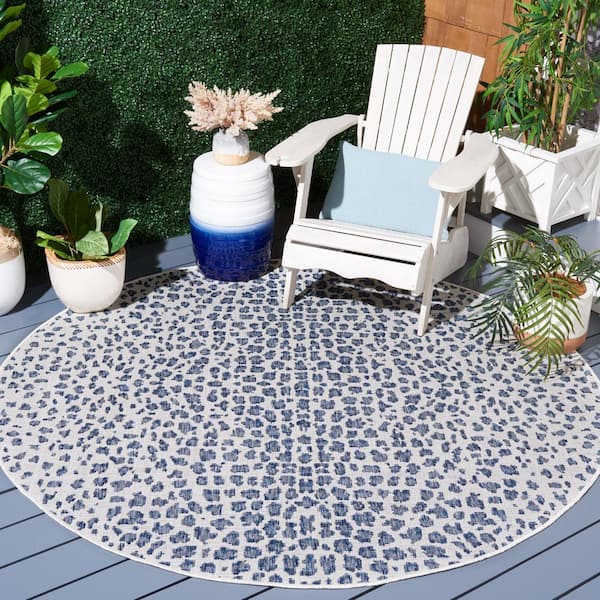 Courtyard Ivory/Navy 5 ft. x 5 ft. Round Cheetah Geometric Indoor/Outdoor Area Rug