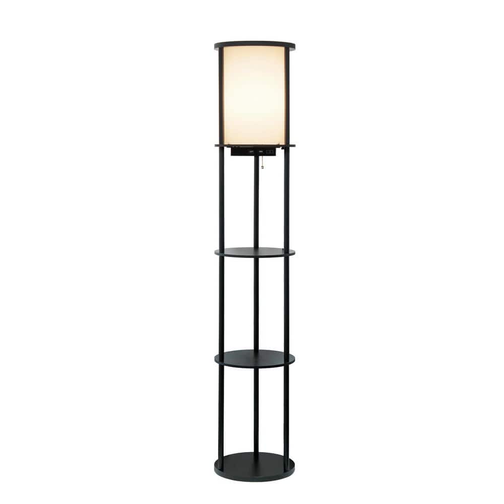Elegant 62.5" Black Etagere Floor Lamp with USB Ports and Linen Shade