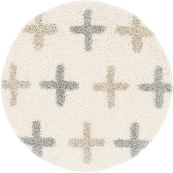 Unique Loom Hygge Shag Positive Ivory 5 ft. x 5 ft. Round Rug