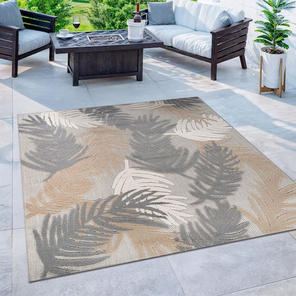 Tropical Floral Modern Indoor/Outdoor Beige 6 ft. 6 in. x in. 6 ft. 6 in. Square Area Rug