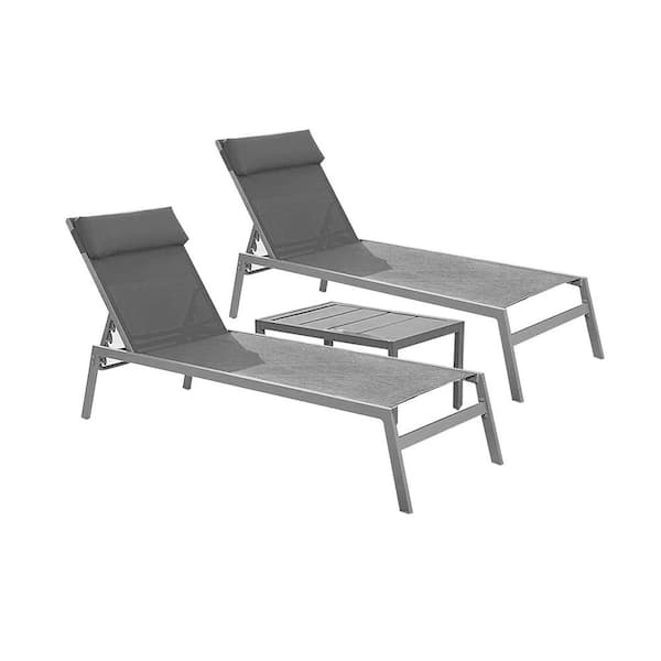 Sudzendf Gray 3-Pieces Adjustable Backrest Lounge Chairs Steel Textilene Recliner Headrest
