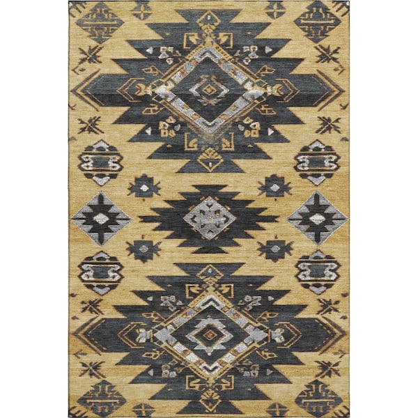 Mayfield Premium Machine Washable Abstract AMF1945 Gold 3 ft. x 4 ft. Area Rug