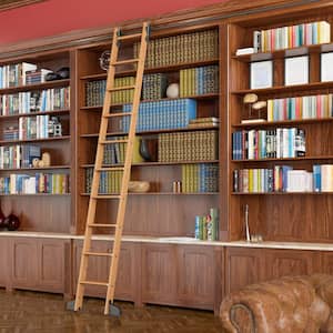 9.92 ft. Red Oak Library Ladder (11 ft. Reach) Black Contemporary Rolling Hardware 12 ft. Rail and Horizontal Brackets