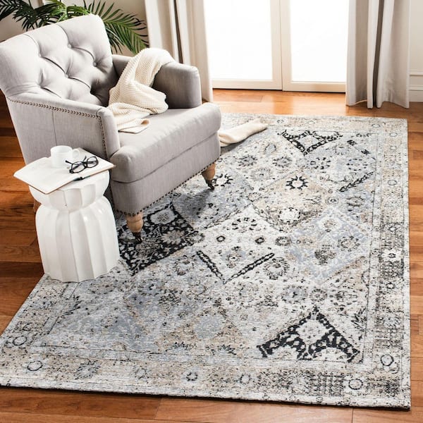 Classic Vintage 5 ft. x 8 ft. Ivory/Silver Distressed Diamond Border Area Rug