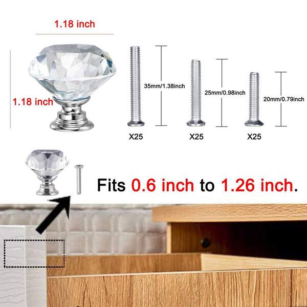 DRELD 2Pcs 30mm Diamond Crystal Drawer Pulls Glass Door Cabinet