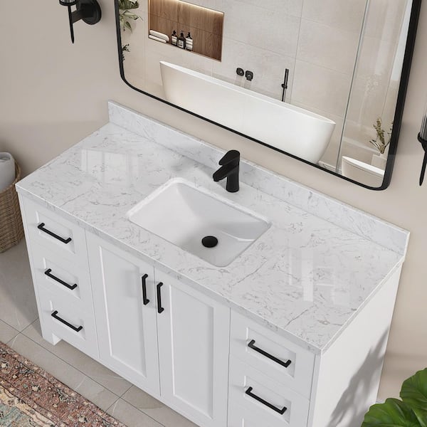 Kar 48 in. W x 22 in. D Engineered Stone Marble Rectangular Single Sink Bath Vanity Top with Backsplash in Carrara White