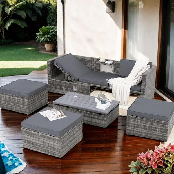 Unbranded 5-Piece Wicker Outdoor Conversation Sofa Set with Lift Top Coffee Table and Gray Cushion