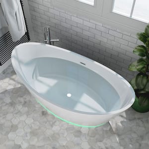 59 in. Acrylic Flatbottom Hourglass Freestanding Soaking Lighted Bathtub in White with Brushed Nickel Overflow and Drain