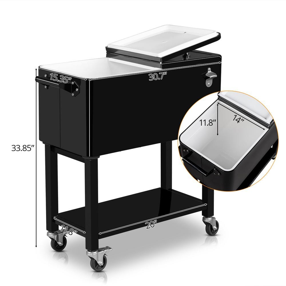 Black Metal 80 Qt. Outdoor Rolling Cooler Cart with Detached Lid