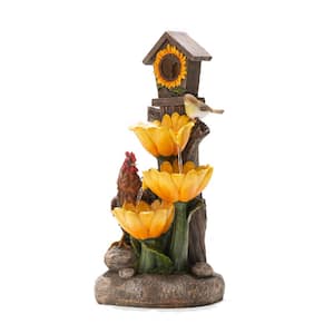 28.5 in. H Sunflowers and Birdhouse Resin Outdoor Fountain with Pump and Light (KD)