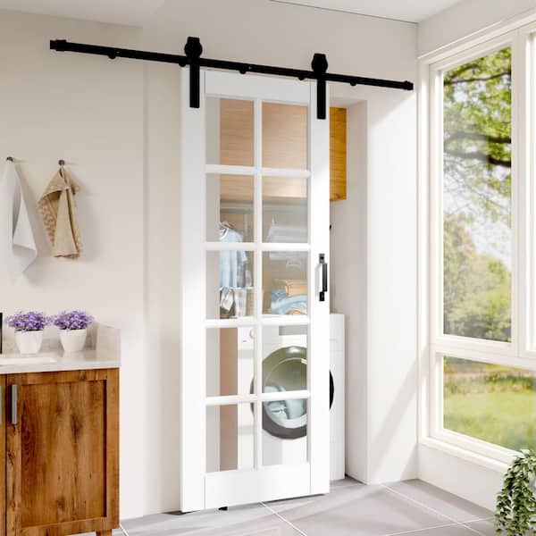 30 in. x 80 in. 10-Lite Clear Glass Solid Core White Primed Pine Wood Barn Door Slab with Hardware Kit Set