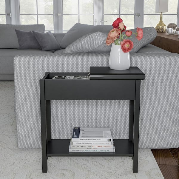 Lavish Home Matte Black Wooden Flip-Top Slim Slide End Table