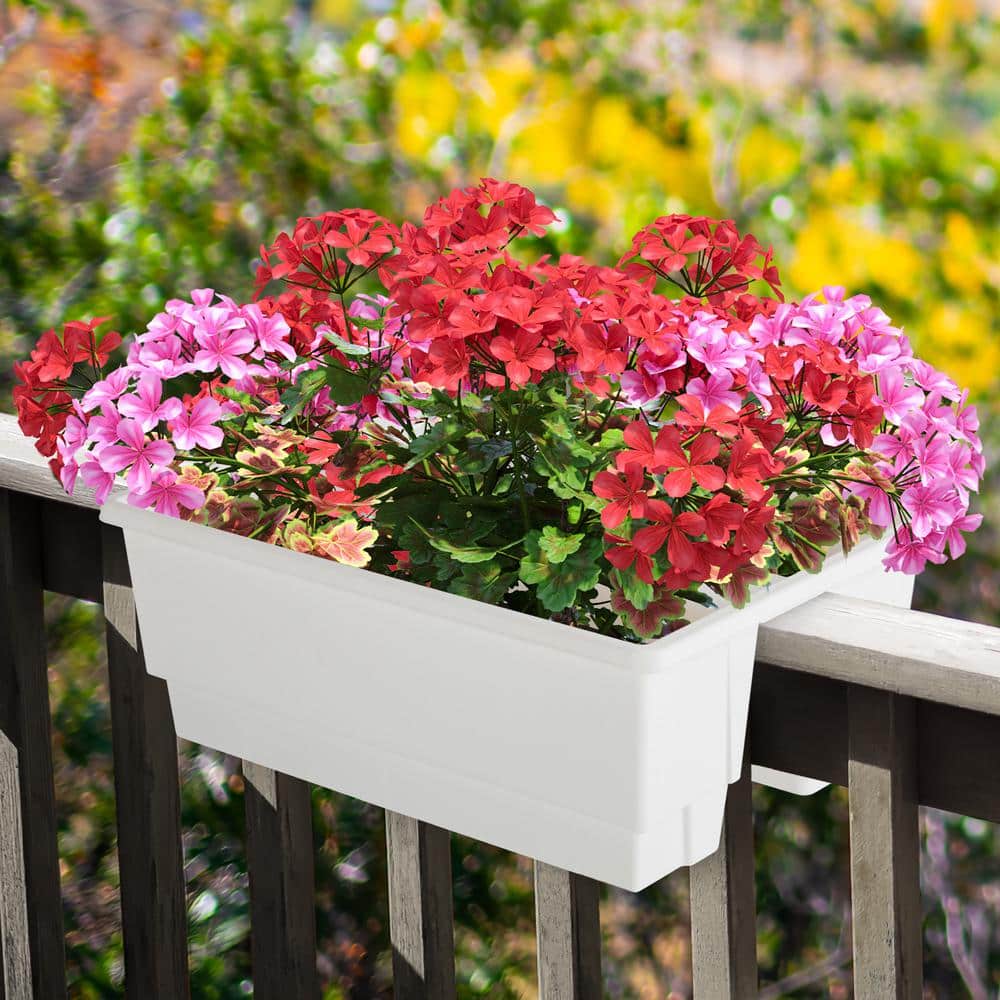 White Plastic Rectangular Railing Planter Box with Drainage Insert