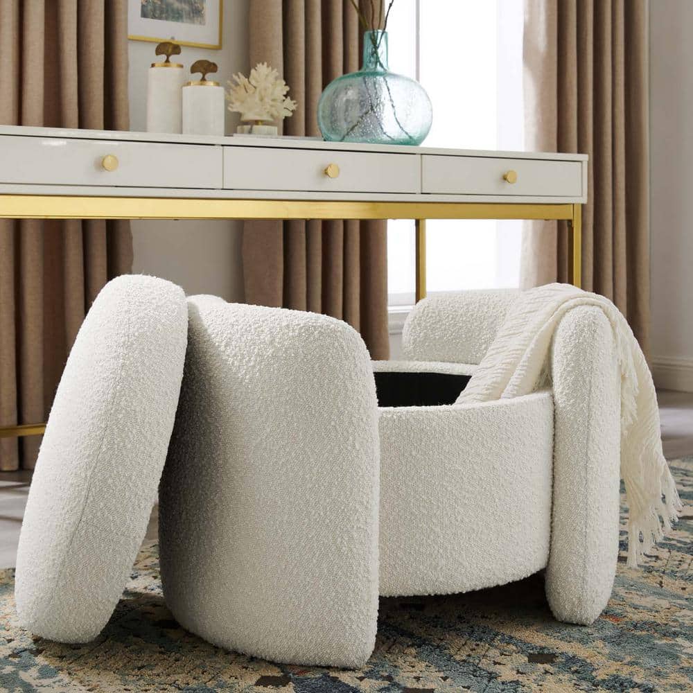 Ivory Boucle Round Upholstered Storage Ottoman