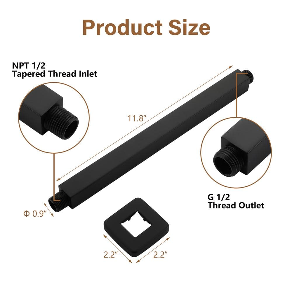 Matte Black 12-Inch Ceiling Mounted Square Shower Arm