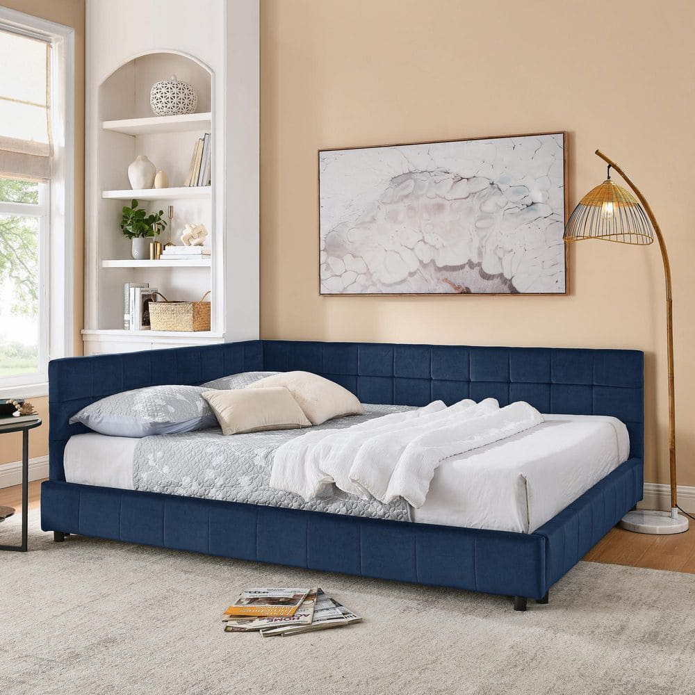 Noble House Nola Dark Blue Velvet Upholstered Queen Size Daybed with ...