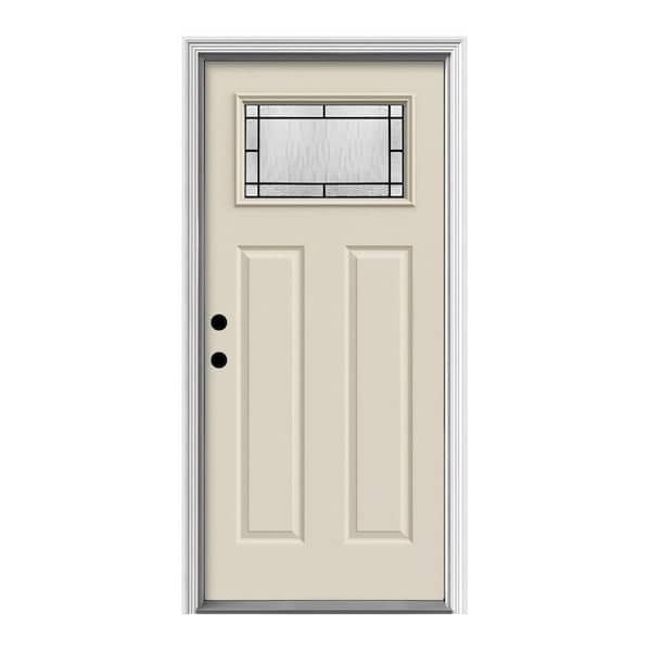 JELD-WEN 32 in. x 80 in. 2 Panel Right-Hand/Inswing 1/4 Lite Decorative Glass Primed Fiberglass Prehung Front Door w/Brickmould