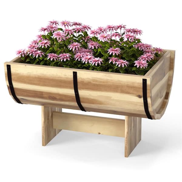 Rustic Half Barrel Planters Wooden Flower Boxes with Acacia Wood Frame (1-Pack)