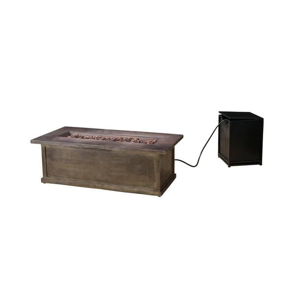 Noble House Esteban 56 in. x 18 in. Rectangular MGO LPG Outdoor Patio Fire Pit in Brown Wood with Concrete Tank Holder