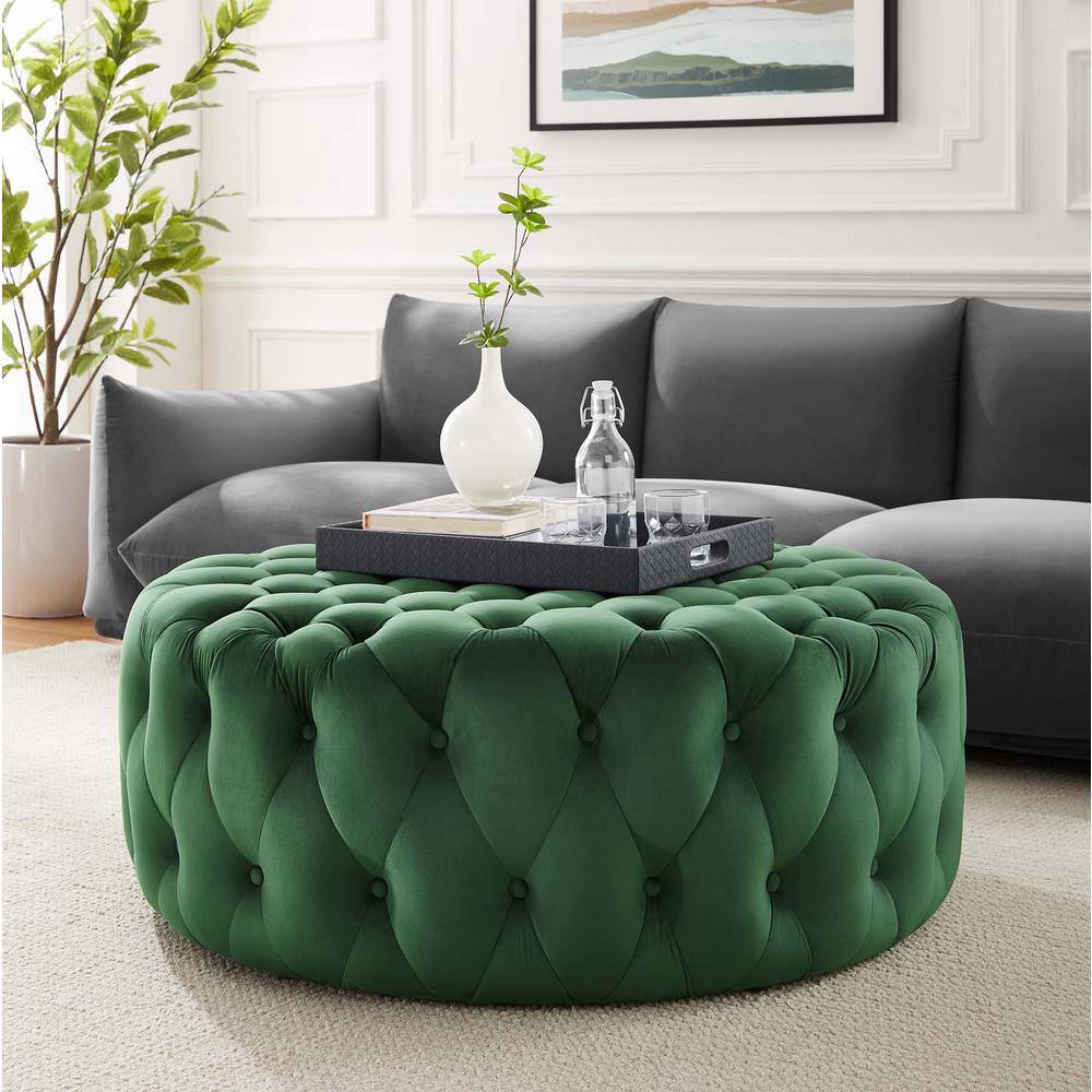 Amour 40" Emerald Tufted Round Velvet Ottoman