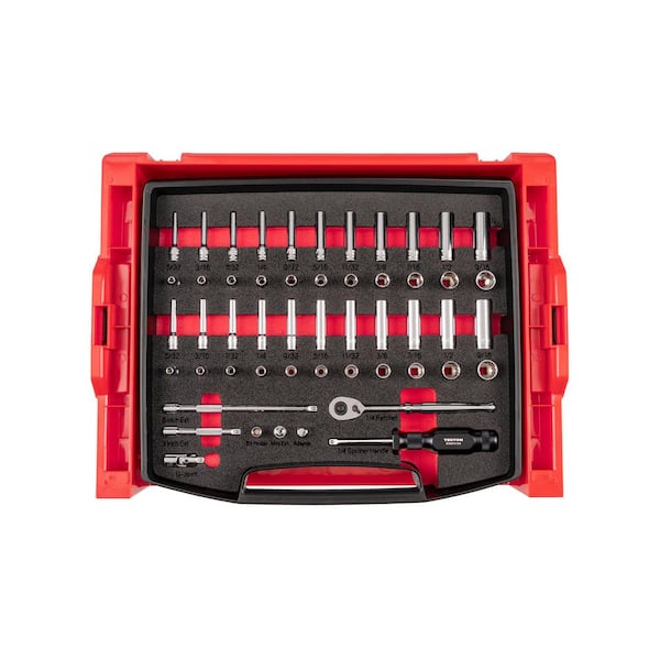 1/4 Inch Drive 6-Point and 12-Point Socket and Ratchet Set with Open Top Drawer and Rack, 52-Piece (5/32-9/16 in.)