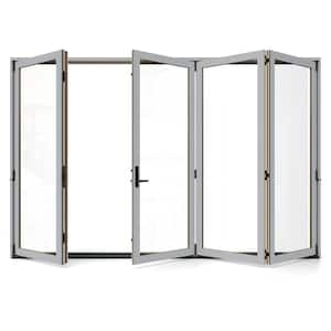 W5500 124 in. x 96 in. Silver Left Hand/Outswing Aluminum Folding Patio Door Clad Wood 4-Panel Prehung