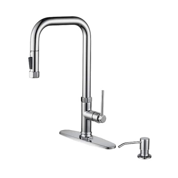 IVIGA Single-Handle Pull Down Sprayer Kitchen Faucet with Soap Dispenser and Deck Plate in Polished Chrome
