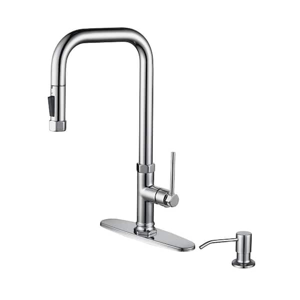 Brass Single Handle Pull Down Sprayer Kitchen Faucet with 2-Mode Advanced Spray and Soap Dispenser in Polished Chrome