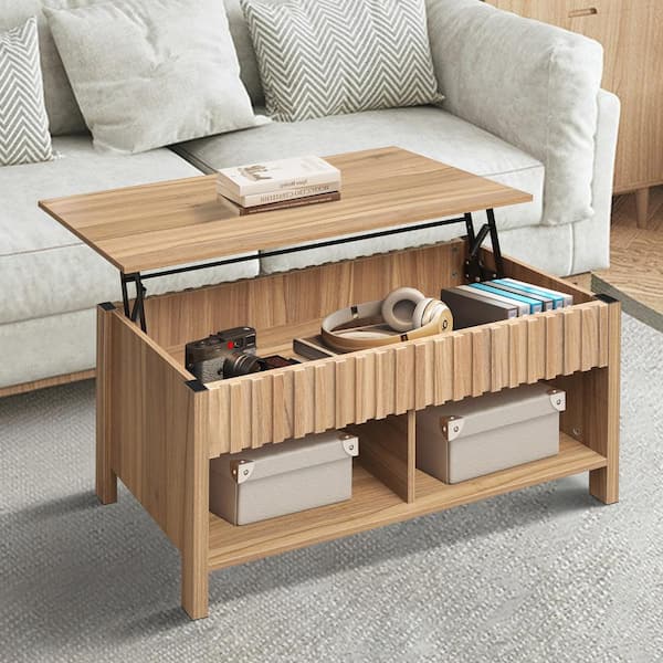 ATHMILE Walnut 39.41 in. L Rectangular Wood Lift Top Coffee Table
