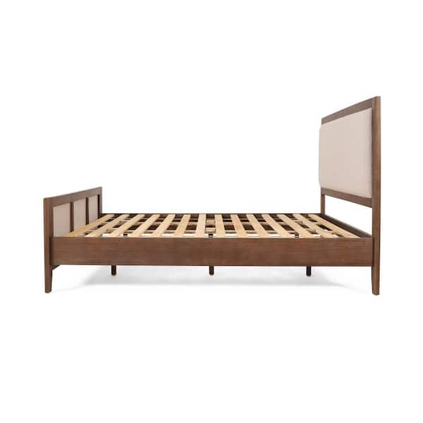 Aura Modren Beige Upholstered Acacia Wood Frame King Size Platform Bed, Light Brown Glaze