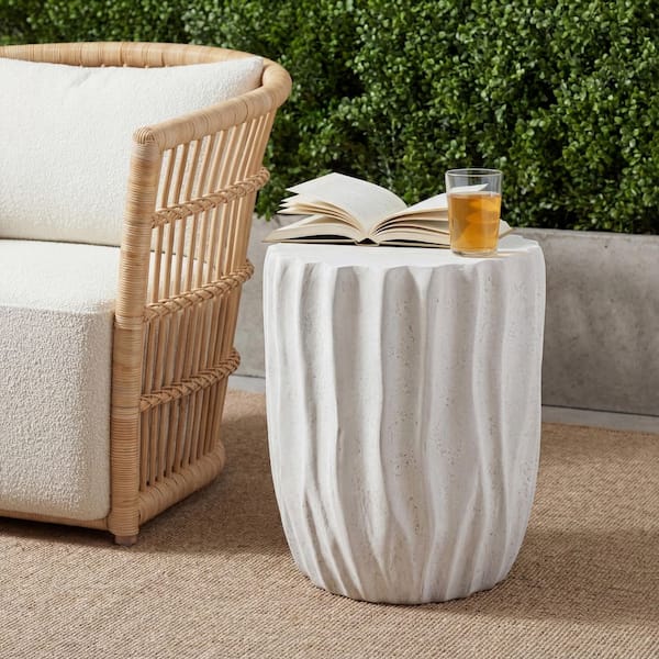 Ebony Antique White Concrete MGO Drum Patio Outdoor Side Table with Textured Ribbed Design