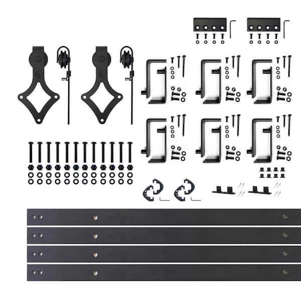 HOMACER 9 ft./108 in. Black Rustic Double Track Bypass U-Shape Sliding Barn Door Hardware Kit - Diamond Design Roller