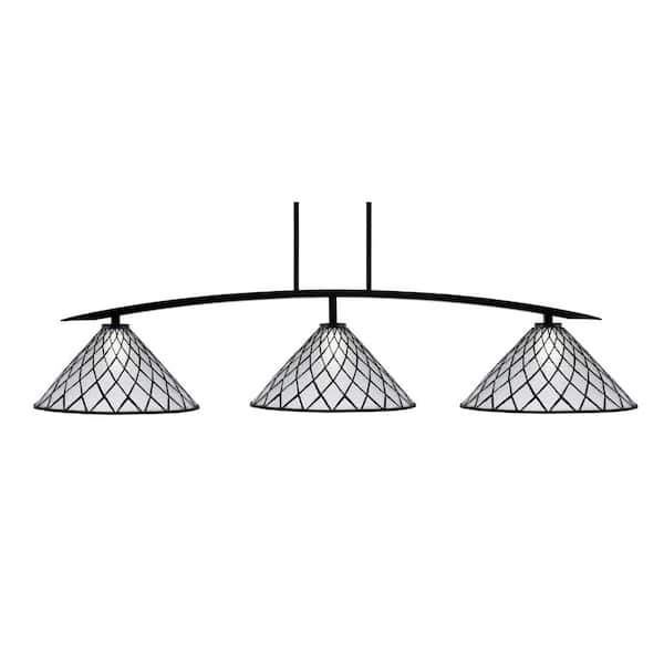 Unbranded Siena 3-Light Matte Black Billiard Light with 16 in. Diamond Ice Art Glass Shades No Bulbs Included