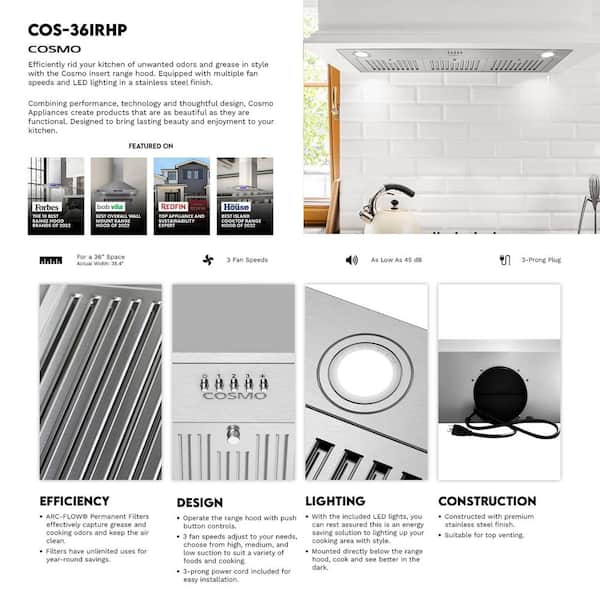 Cosmo 36 in. Lumin Collection 380 CFM Ducted Insert Range Hood