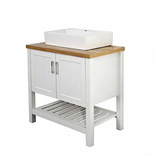 32 in. Freestanding Single Sink White Bath Vanity with Natural Solid Wood Top and Ceramic Sink (Self Assembly Needed)