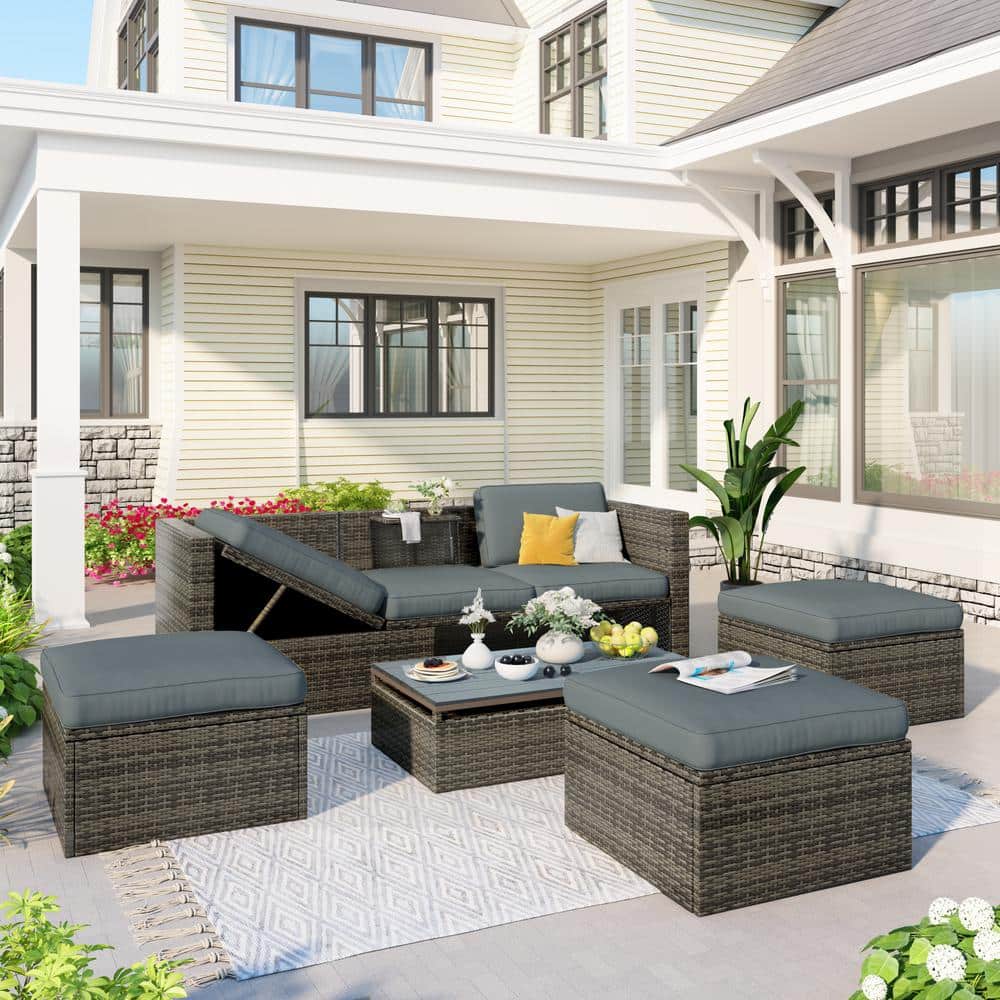 5-Piece Wicker Patio Conversation Set with Cushions, Outdoor, Patio Furnitu