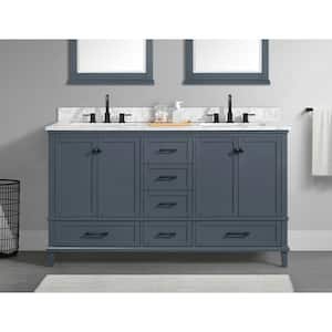 Merryfield 61 in. Double Sink Freestanding Dark Blue-Grey Bath Vanity with White Carrara Marble Top (Assembled)