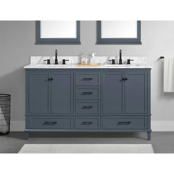 Home Decorators Collection Merryfield 61 in. Double Sink Freestanding Dark Blue-Grey Bath Vanity with White Carrara Marble Top (Assembled)