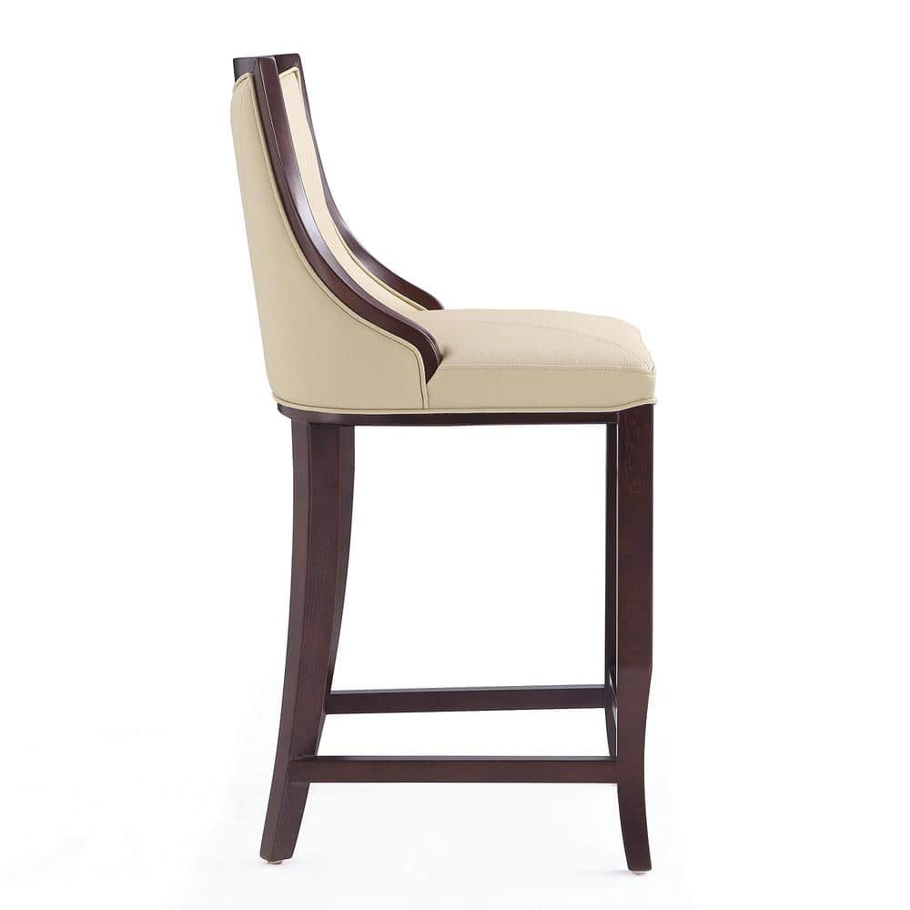 Emperor Cream Faux Leather and Walnut Wood Bar Stools, Set of 2