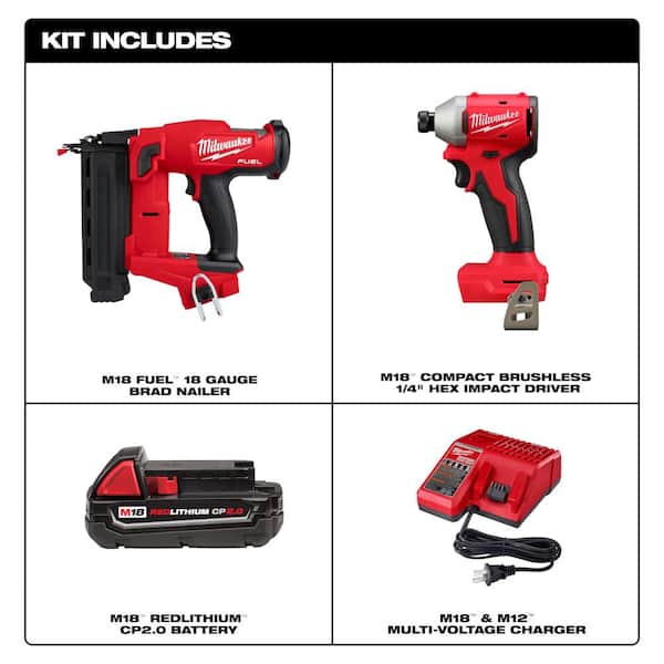 Milwaukee M18 FUEL 18-Volt Lithium-Ion Brushless Cordless Gen II 18-Gauge Brad Nailer W/M18 SURGE 1/4 in. DRIVER & 8.0 Battery Kit