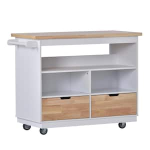 Large Storage Capacity White Kitchen Cart Rolling Mobile Kitchen Island Solid Wood Top with 2 Drawers, Tableware Cabinet