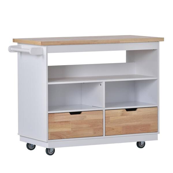 Large Storage Capacity White Kitchen Cart Rolling Mobile Kitchen Island Solid Wood Top with 2 Drawers, Tableware Cabinet