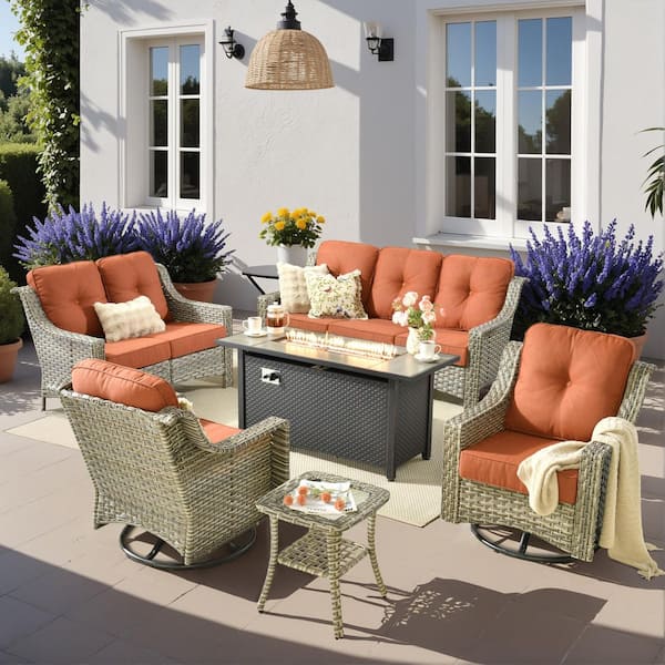 Toject Eureka 6-Piece Wicker Patio Conversation Sofa Seating Set with Metal Fire Pit Table and Red Cushions