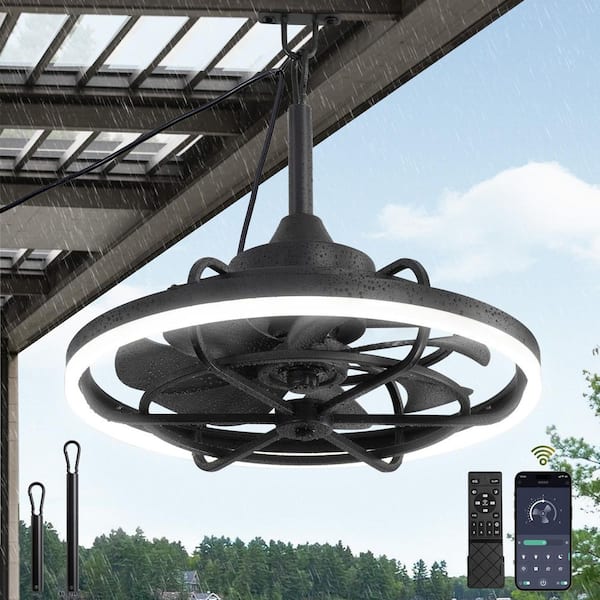 20 in. Smart Outdoor Black Waterproof Caged Ceiling Fan with LED,Remote/APP Control, 6-Speeds, 3-CCT，Downrod Mount