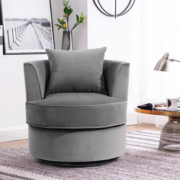 FurnitureR Audero Gray Velvet Swivel Chair Barrel Chair With Pillow and ...