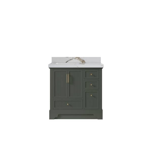 Willow Collections Alys 36 in. W x 22 in. D x 36 in. H Left Offset Sink Bath Vanity in Pewter Green with 2 in. Calacatta Gold Qt. Top