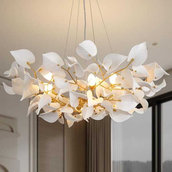 39" 8-Light Luxury Gold Round Chandelier, Modern Ceramic Leaf Branch Chandelier for Living Room, Dinning Room, Foyer