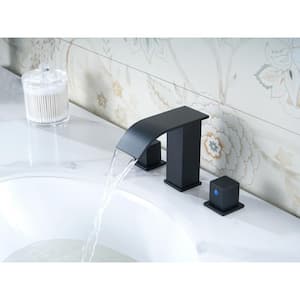 8 in. Widespread Waterfall Spout Double Handle Bathroom Faucet with Drain Kit Included in Matte Black