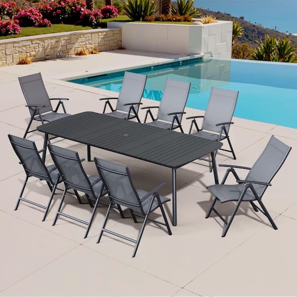 7-Piece 82 in. Black Aluminum Wood-Like Curved Edges Outdoor Patio Dining Set, Gray Adjustable Backrest Metal Chair