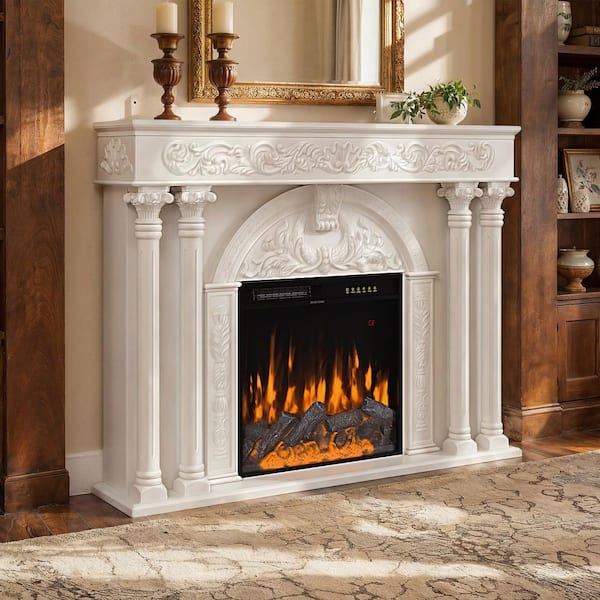 55.1 in. Freestanding Wood Electric Fireplace Mantel Package with 23.6 in. Insert, Solid Wood Columns, White